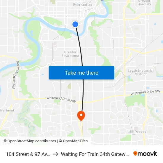 104 Street & 97 Avenue to Waiting For Train 34th Gateway Blvd. map