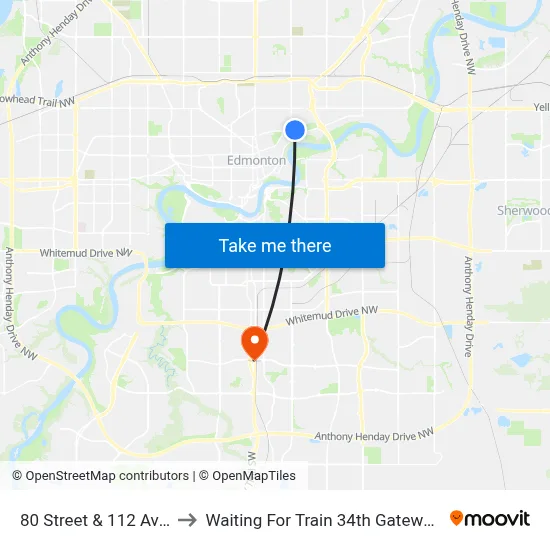 80 Street & 112 Avenue to Waiting For Train 34th Gateway Blvd. map