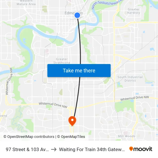 97 Street & 103 Avenue to Waiting For Train 34th Gateway Blvd. map