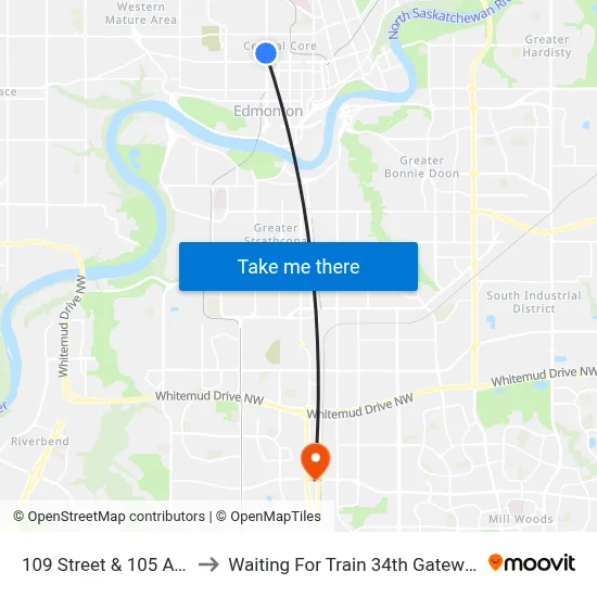 109 Street & 105 Avenue to Waiting For Train 34th Gateway Blvd. map
