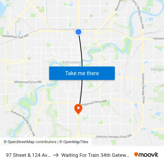 97 Street & 124 Avenue to Waiting For Train 34th Gateway Blvd. map
