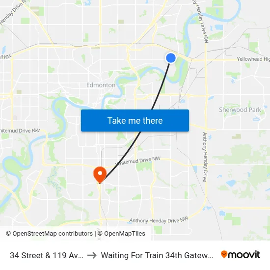 34 Street & 119 Avenue to Waiting For Train 34th Gateway Blvd. map