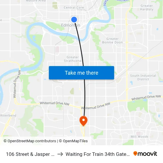 106 Street & Jasper Avenue to Waiting For Train 34th Gateway Blvd. map