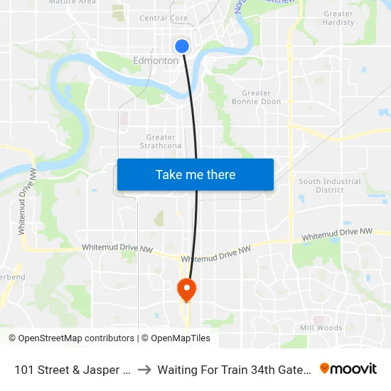 101 Street & Jasper Avenue to Waiting For Train 34th Gateway Blvd. map