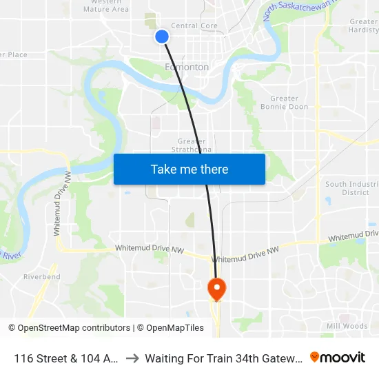 116 Street & 104 Avenue to Waiting For Train 34th Gateway Blvd. map