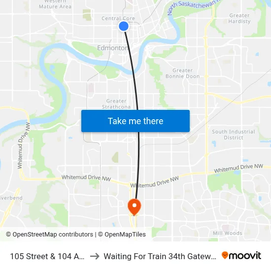 105 Street & 104 Avenue to Waiting For Train 34th Gateway Blvd. map