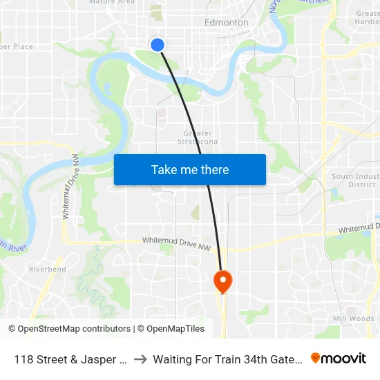 118 Street & Jasper Avenue to Waiting For Train 34th Gateway Blvd. map