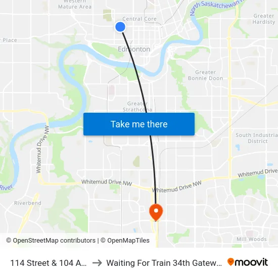 114 Street & 104 Avenue to Waiting For Train 34th Gateway Blvd. map