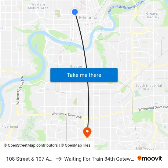 108 Street & 107 Avenue to Waiting For Train 34th Gateway Blvd. map