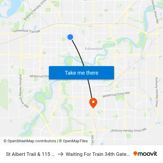 St Albert Trail & 115 Avenue to Waiting For Train 34th Gateway Blvd. map