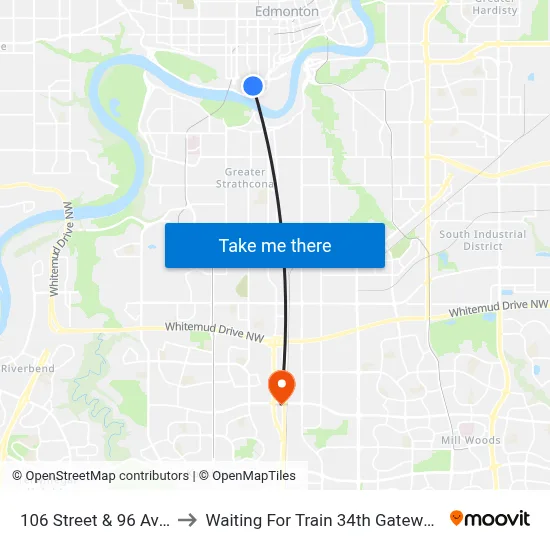106 Street & 96 Avenue to Waiting For Train 34th Gateway Blvd. map