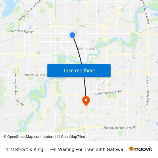 119 Street & Kingsway to Waiting For Train 34th Gateway Blvd. map
