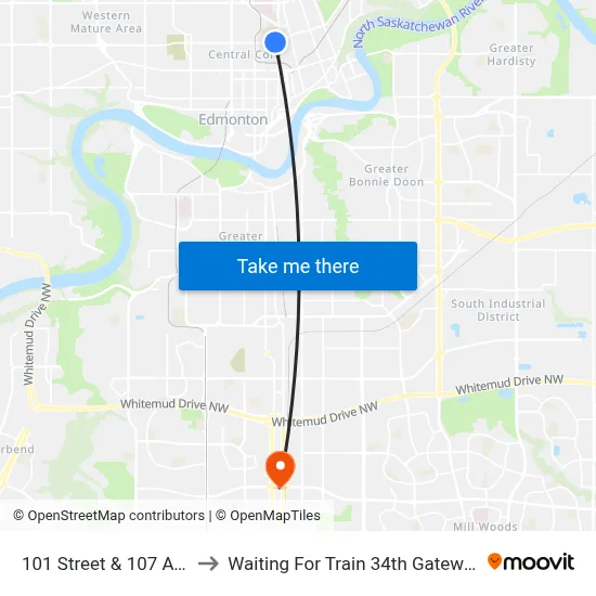 101 Street & 107 Avenue to Waiting For Train 34th Gateway Blvd. map