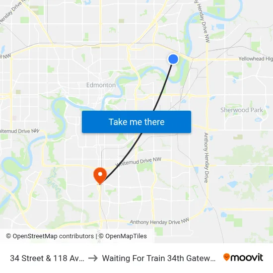 34 Street & 118 Avenue to Waiting For Train 34th Gateway Blvd. map