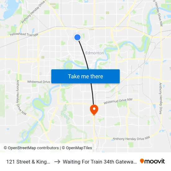 121 Street & Kingsway to Waiting For Train 34th Gateway Blvd. map