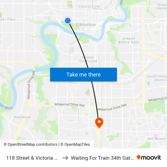 118 Street & Victoria Park Road to Waiting For Train 34th Gateway Blvd. map