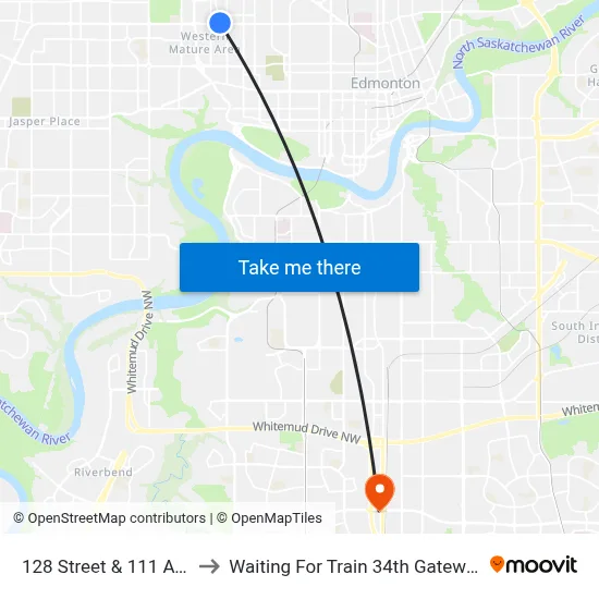 128 Street & 111 Avenue to Waiting For Train 34th Gateway Blvd. map
