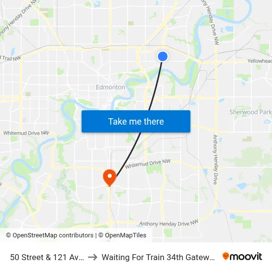 50 Street & 121 Avenue to Waiting For Train 34th Gateway Blvd. map
