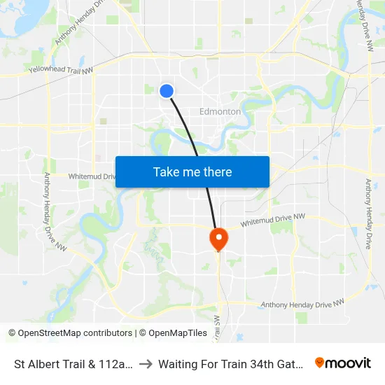 St Albert Trail & 112a Avenue to Waiting For Train 34th Gateway Blvd. map