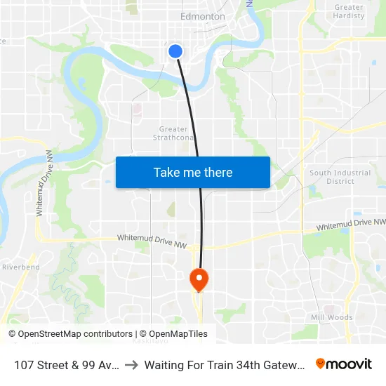 107 Street & 99 Avenue to Waiting For Train 34th Gateway Blvd. map