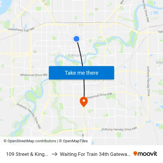 109 Street & Kingsway to Waiting For Train 34th Gateway Blvd. map