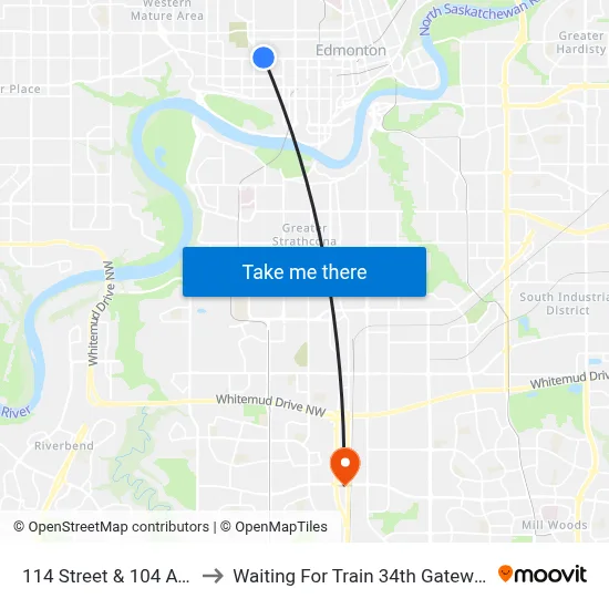 114 Street & 104 Avenue to Waiting For Train 34th Gateway Blvd. map
