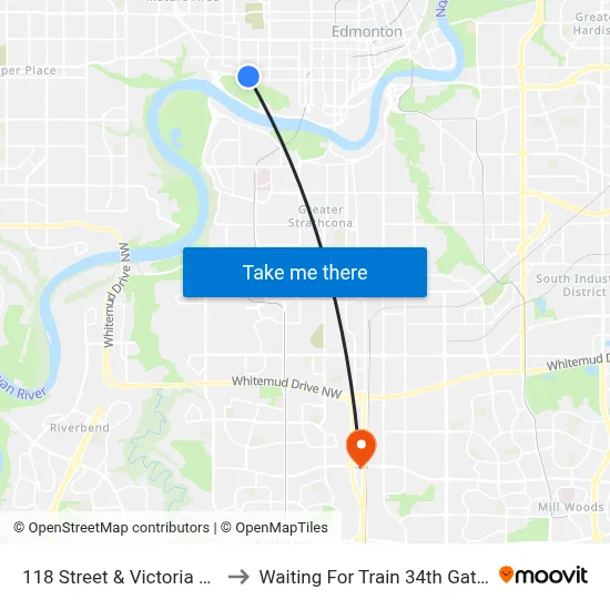 118 Street & Victoria Park Road to Waiting For Train 34th Gateway Blvd. map