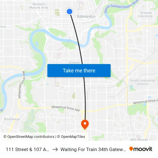 111 Street & 107 Avenue to Waiting For Train 34th Gateway Blvd. map