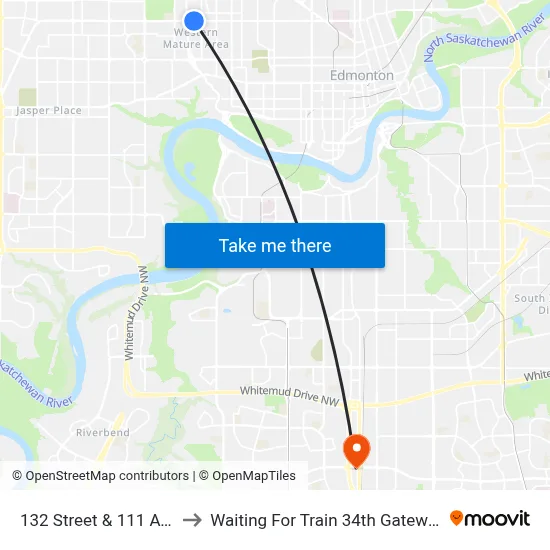 132 Street & 111 Avenue to Waiting For Train 34th Gateway Blvd. map