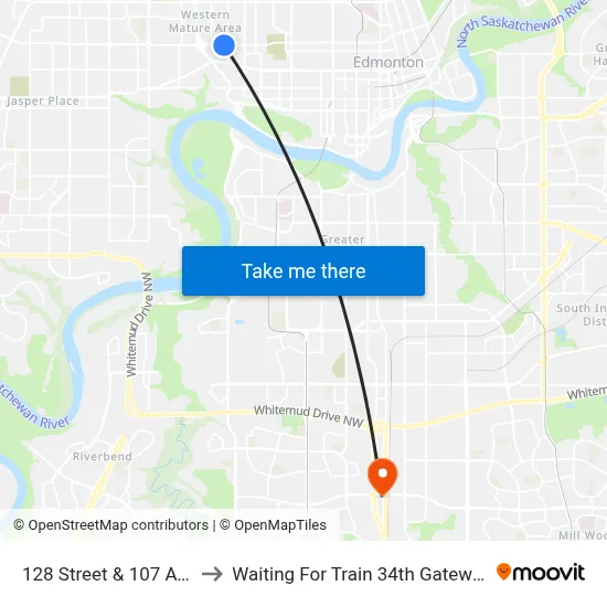 128 Street & 107 Avenue to Waiting For Train 34th Gateway Blvd. map