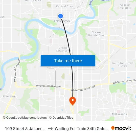 109 Street & Jasper Avenue to Waiting For Train 34th Gateway Blvd. map