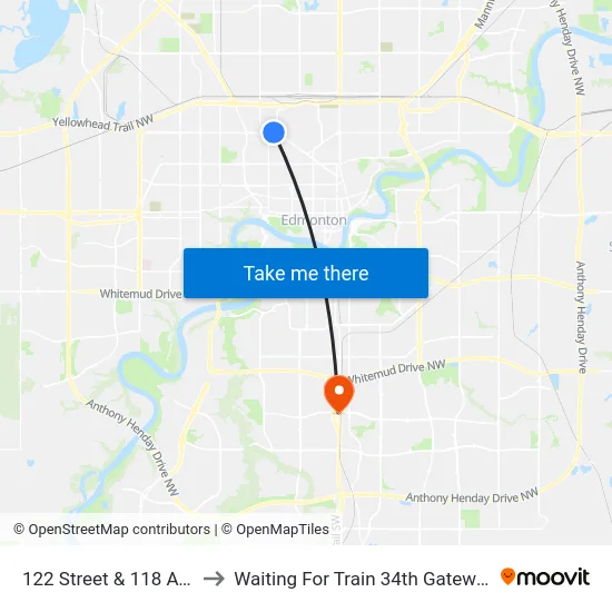122 Street & 118 Avenue to Waiting For Train 34th Gateway Blvd. map