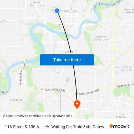 116 Street & 106 Avenue to Waiting For Train 34th Gateway Blvd. map