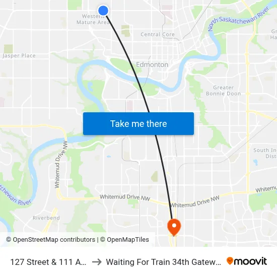 127 Street & 111 Avenue to Waiting For Train 34th Gateway Blvd. map