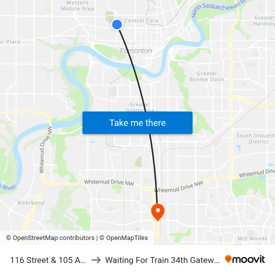 116 Street & 105 Avenue to Waiting For Train 34th Gateway Blvd. map