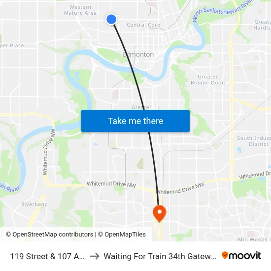 119 Street & 107 Avenue to Waiting For Train 34th Gateway Blvd. map