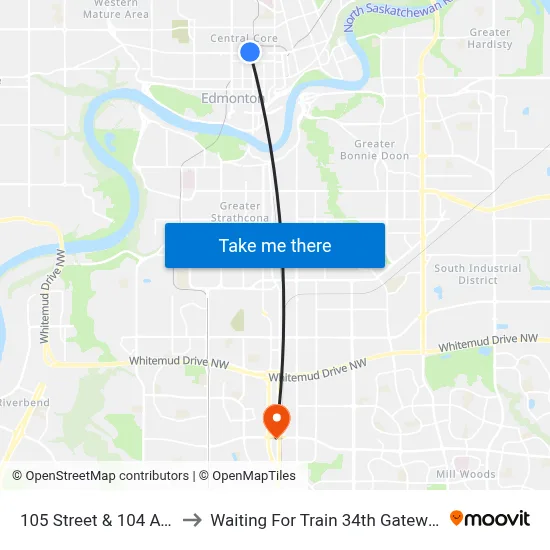 105 Street & 104 Avenue to Waiting For Train 34th Gateway Blvd. map
