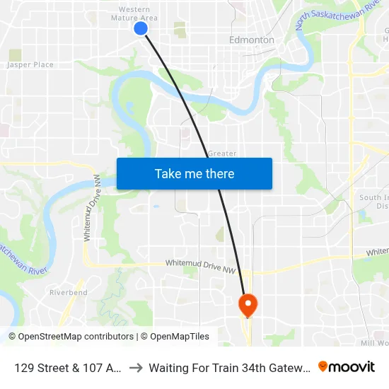 129 Street & 107 Avenue to Waiting For Train 34th Gateway Blvd. map