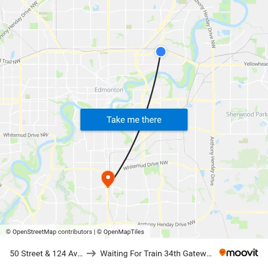 50 Street & 124 Avenue to Waiting For Train 34th Gateway Blvd. map