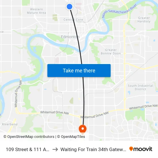 109 Street & 111 Avenue to Waiting For Train 34th Gateway Blvd. map