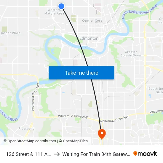 126 Street & 111 Avenue to Waiting For Train 34th Gateway Blvd. map