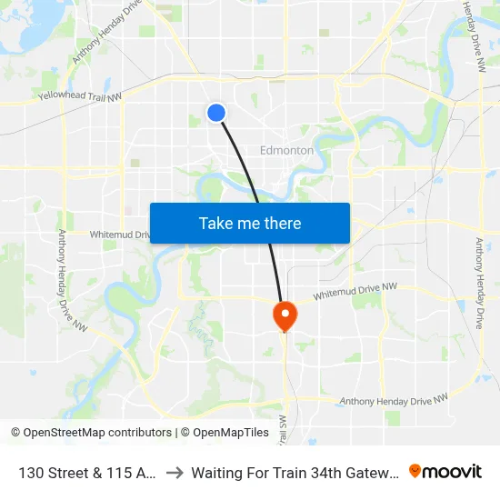 130 Street & 115 Avenue to Waiting For Train 34th Gateway Blvd. map