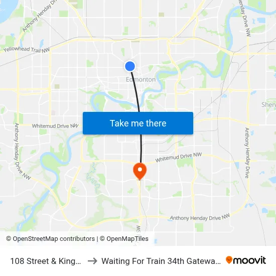 108 Street & Kingsway to Waiting For Train 34th Gateway Blvd. map