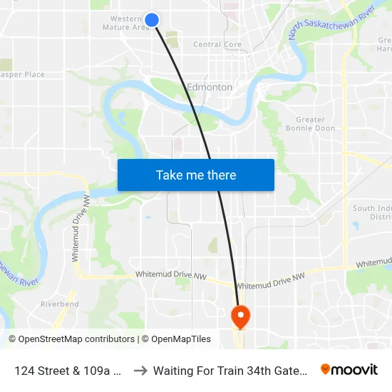 124 Street & 109a Avenue to Waiting For Train 34th Gateway Blvd. map