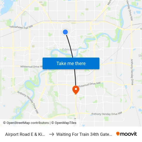 Airport Road E & Kingsway to Waiting For Train 34th Gateway Blvd. map