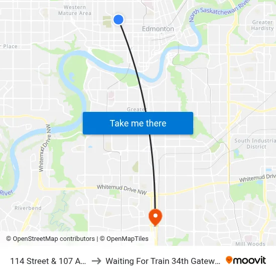 114 Street & 107 Avenue to Waiting For Train 34th Gateway Blvd. map