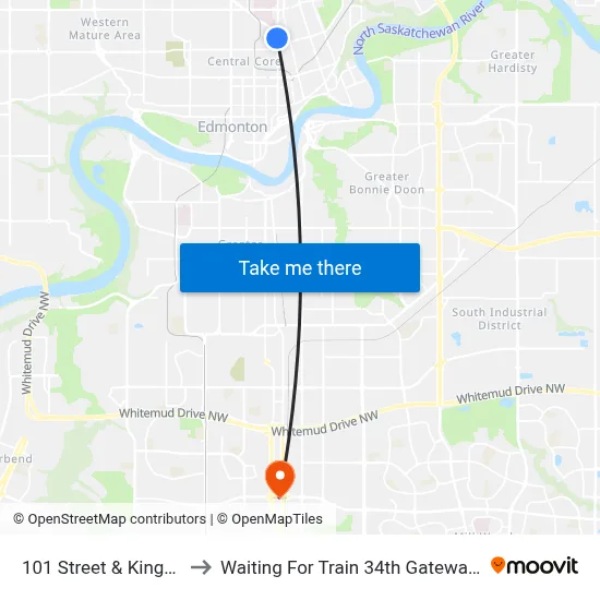 101 Street & Kingsway to Waiting For Train 34th Gateway Blvd. map