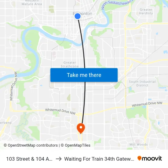 103 Street & 104 Avenue to Waiting For Train 34th Gateway Blvd. map