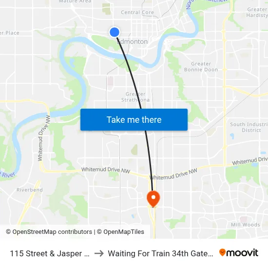 115 Street & Jasper Avenue to Waiting For Train 34th Gateway Blvd. map