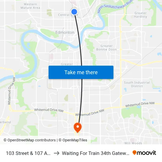 103 Street & 107 Avenue to Waiting For Train 34th Gateway Blvd. map